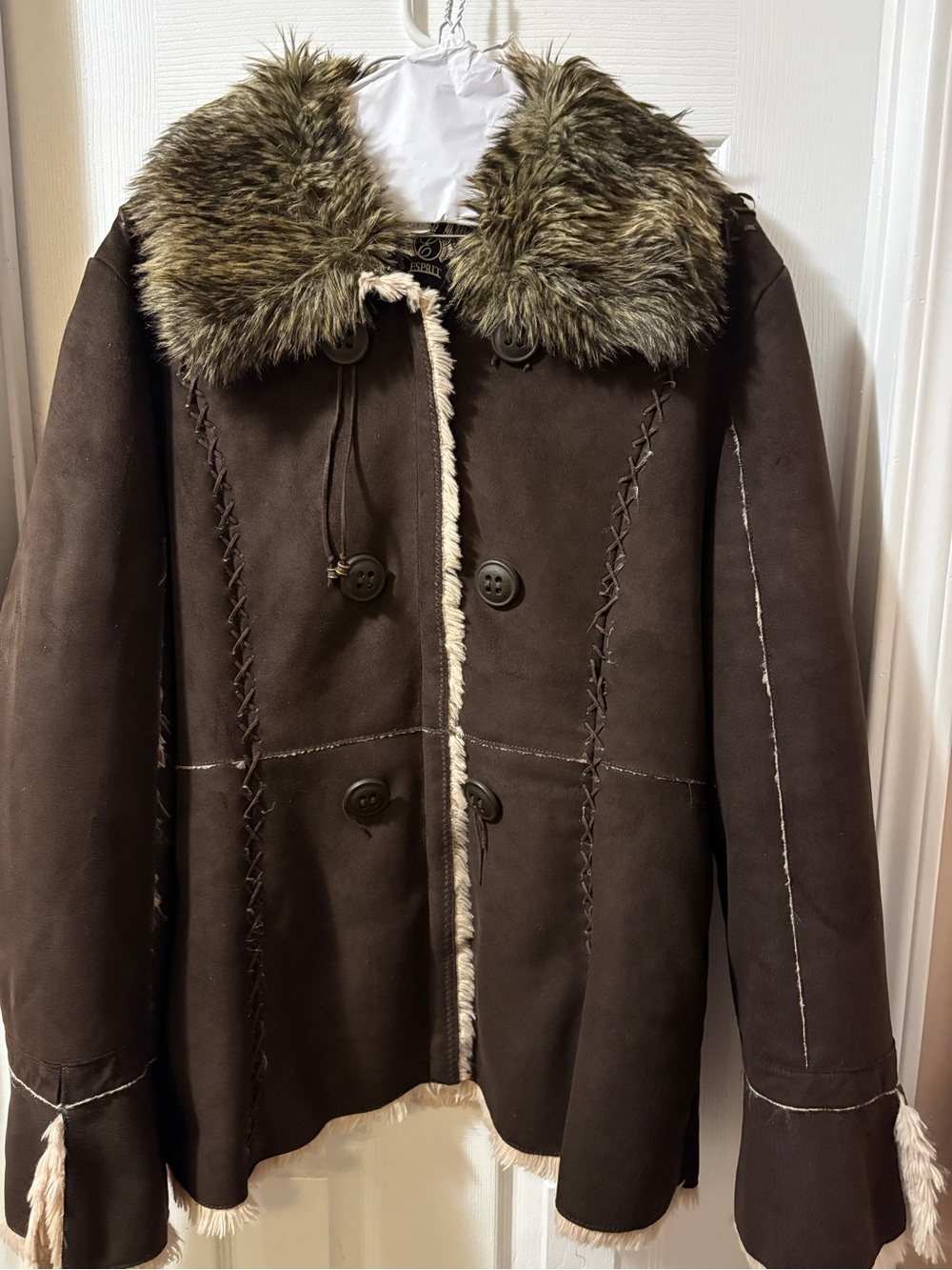 Esprit Penny Lane Style Brown Faux-Suede Coat with Fur Trim